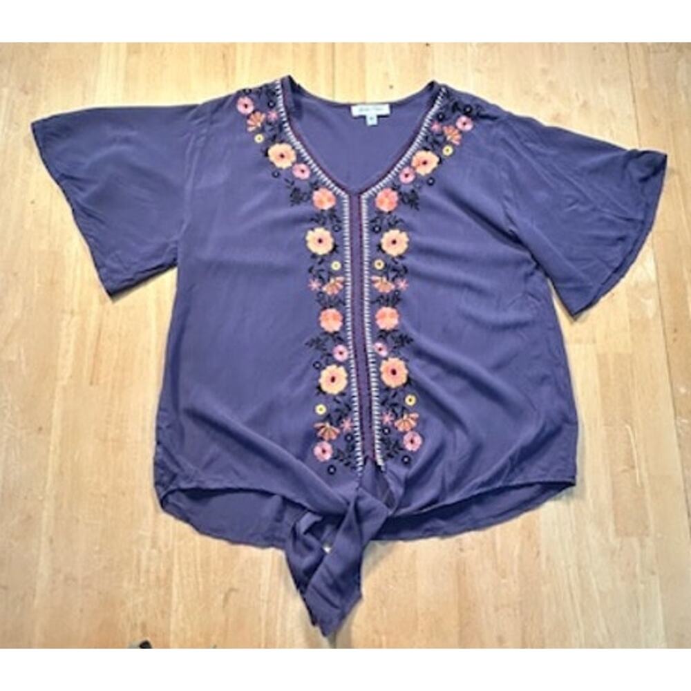 Grace & Lace Embroidered Bell Sleeves Cropped Tie Waist  Purple Boho Top SZ M